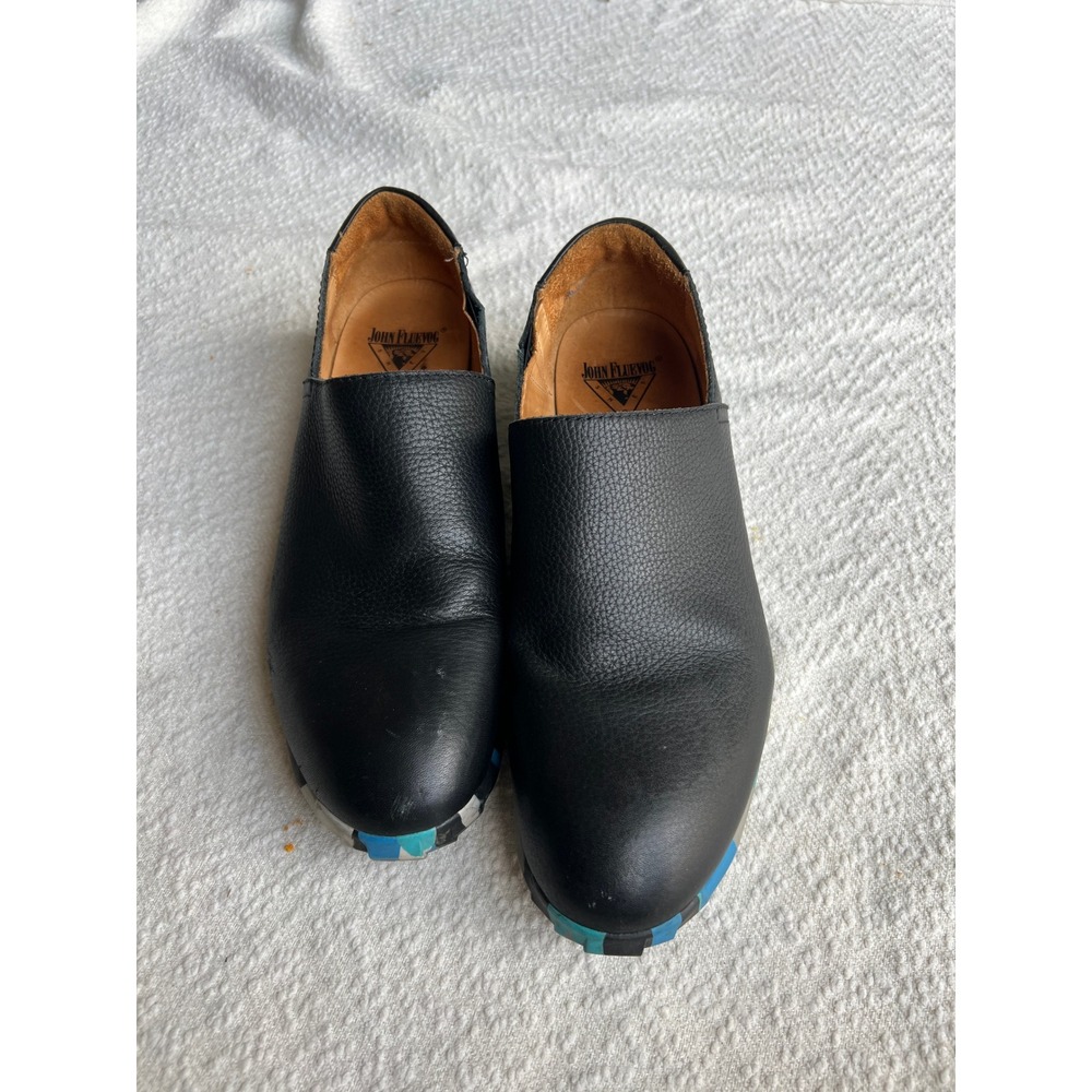 John Fluevog Mens Black Leather Slip On Loafers Camo Sole Size 12 M12